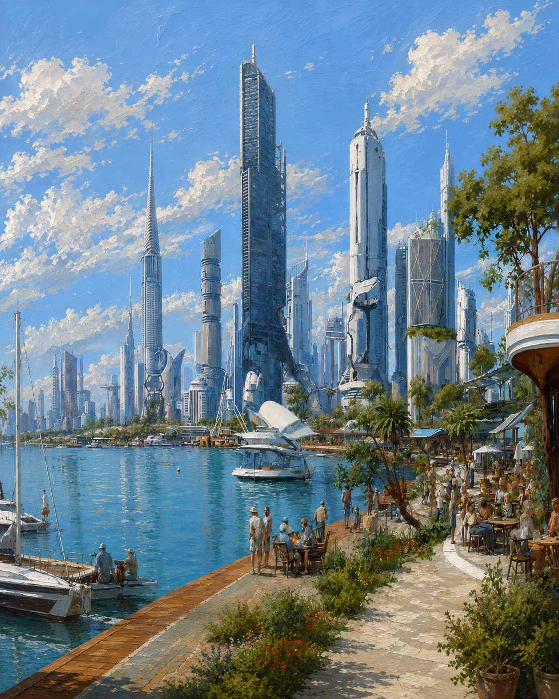 Cidade brasileira futurista à beira-mar com arranha-céus e orla movimentada